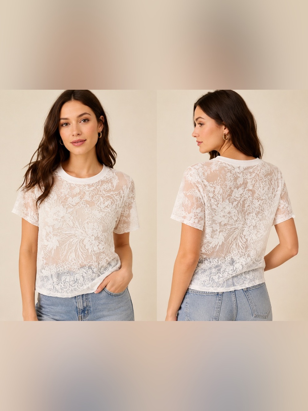 Veveret White Floral Embroidered Mesh Sheer Top NWT Size Medium Boutique